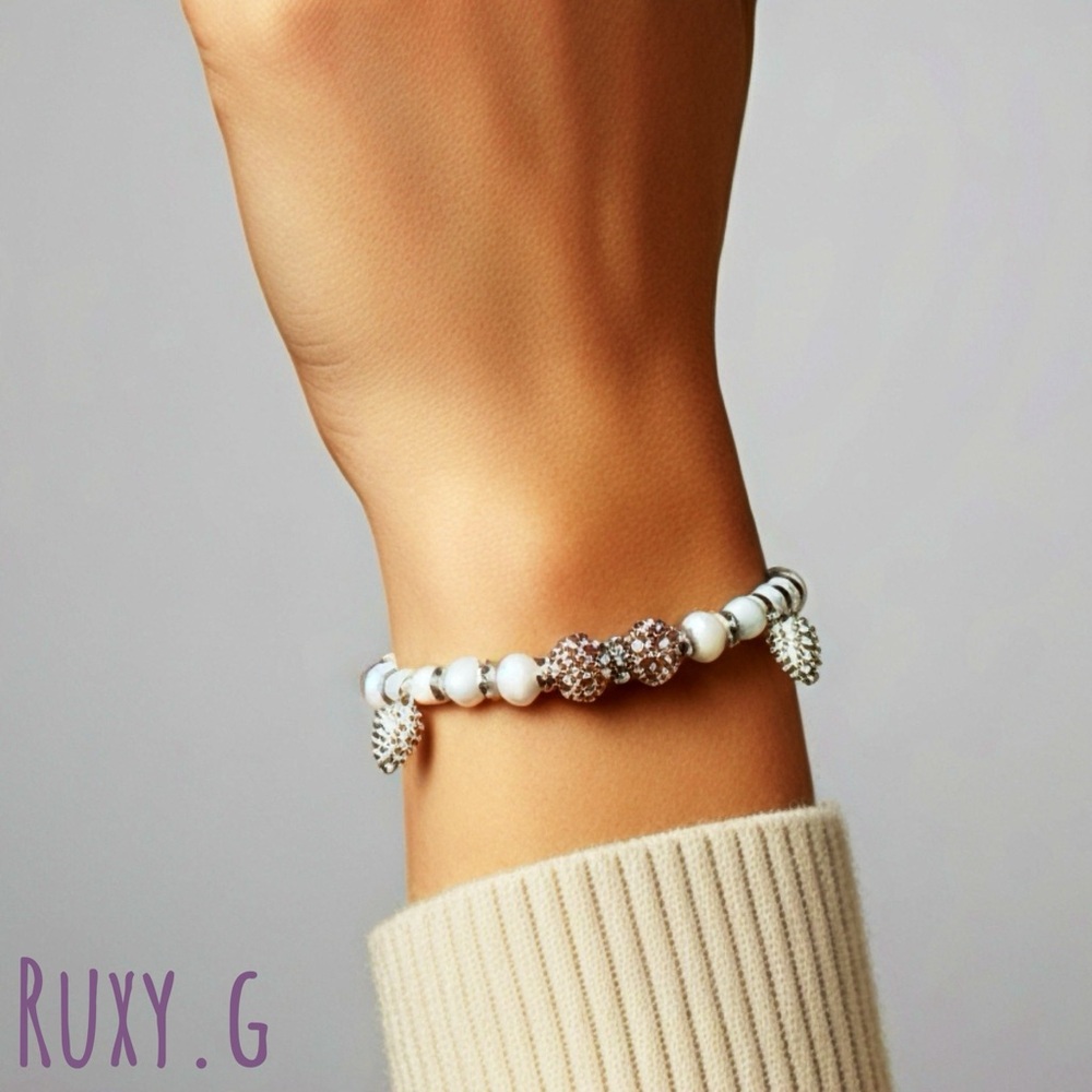 White and Silver Beaded Bracelet with Pine cones